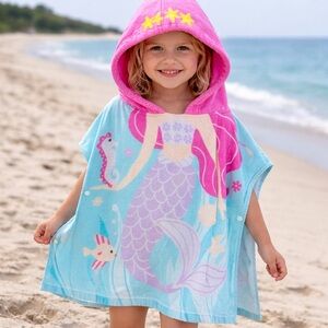 Girls Hooded Mermaid Beach Towel Poncho toddler beach cover-up